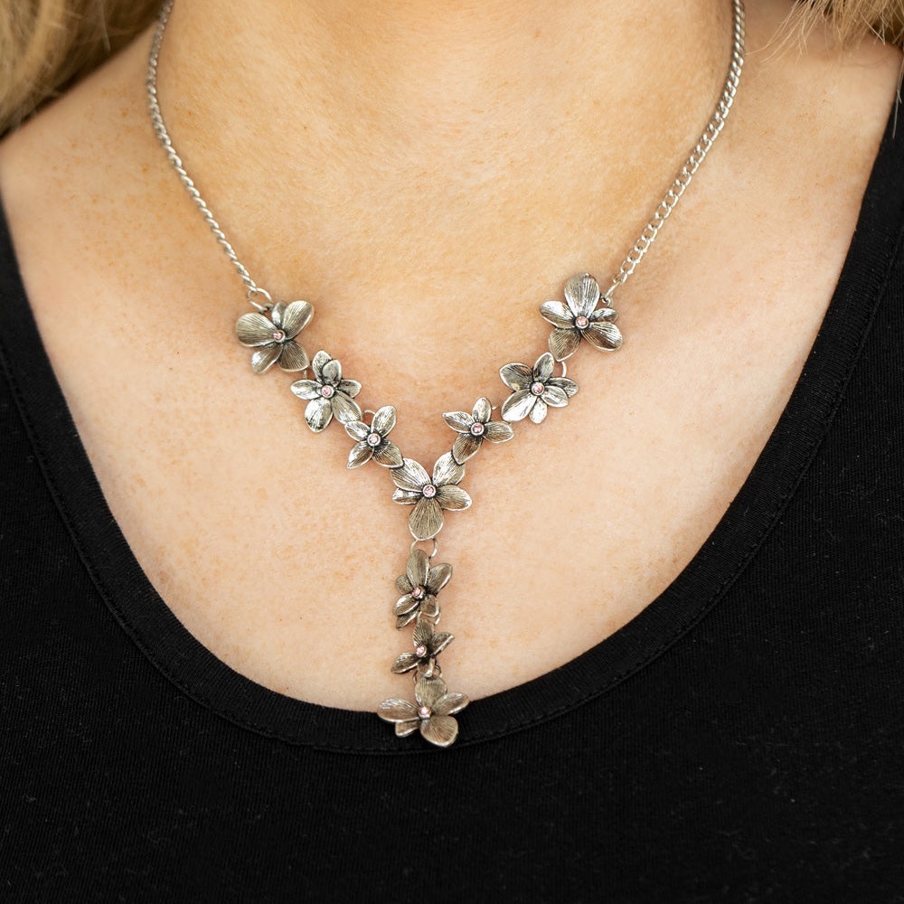 Fairytale Meadow - Pink Rhinestone Floral Y-Chain Necklace & Earrings Set